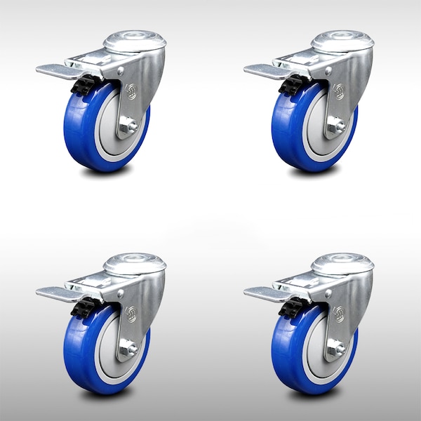 4 Inch SS Blue Polyurethane Swivel Bolt Hole Caster Set with Total Lock Brake
